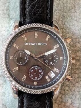 Michael Kors Women's Chronograph Watch with Black Leather Strap